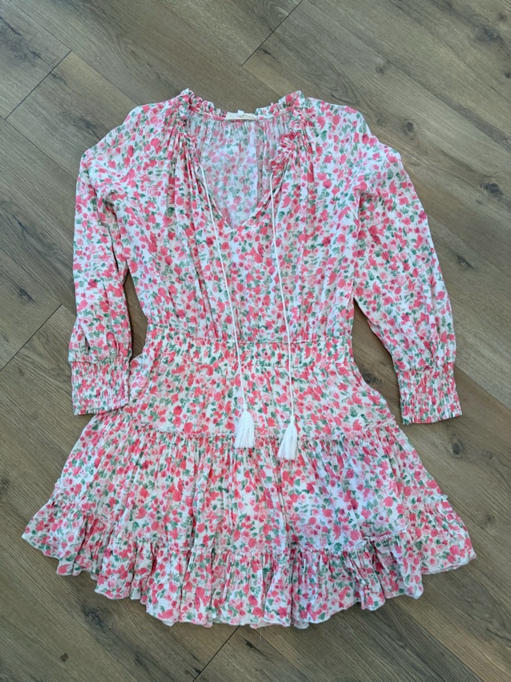 Fanco Floral Tiered Mini Dress Tassel Tie Neck Boho Size Large